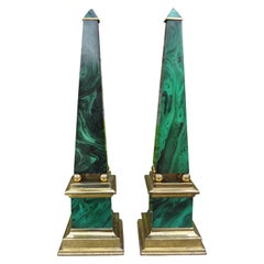 Pair of Vintage Faux Malachite and Brass Obelisks