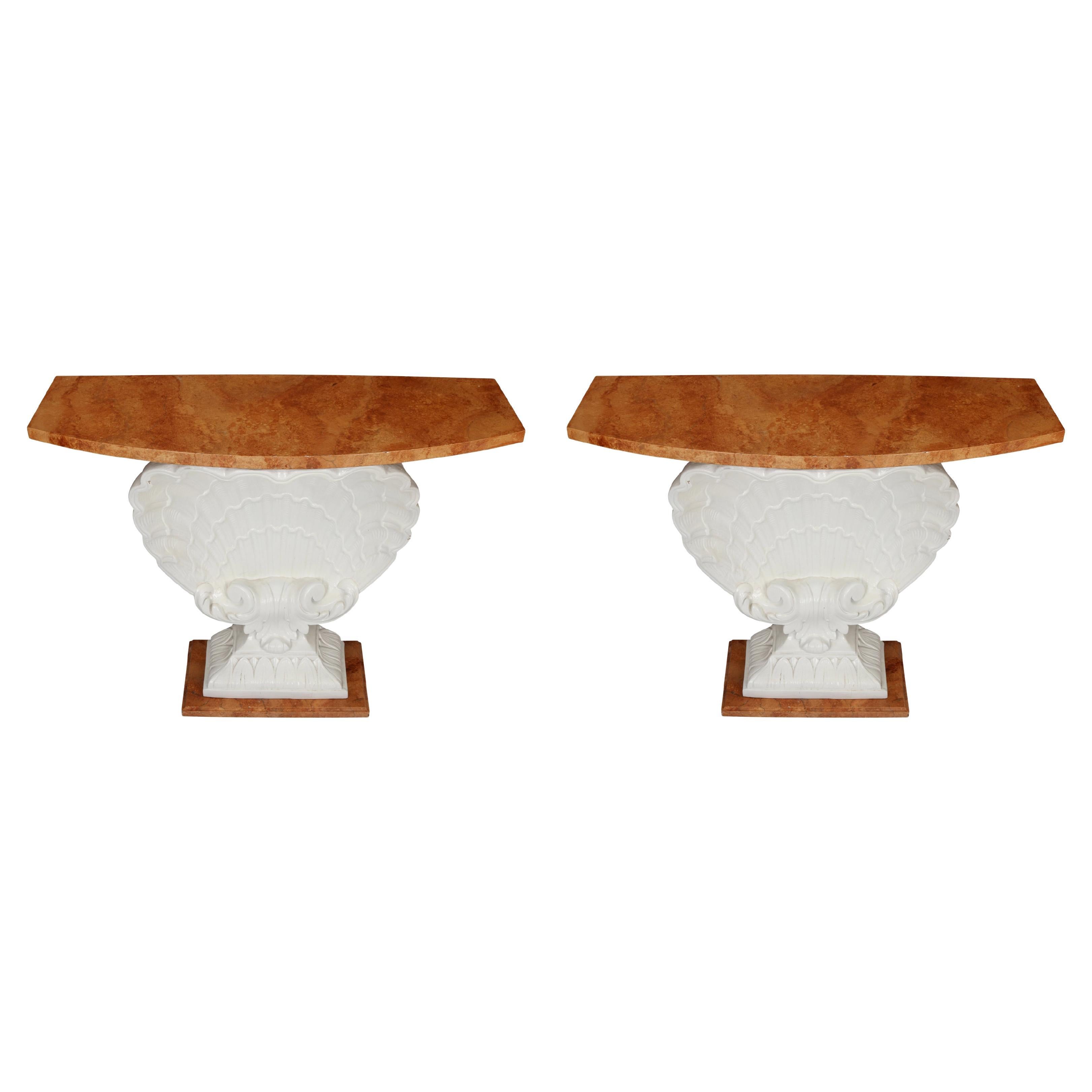 Pair of Vintage Faux Marble Shell Form Consoles For Sale