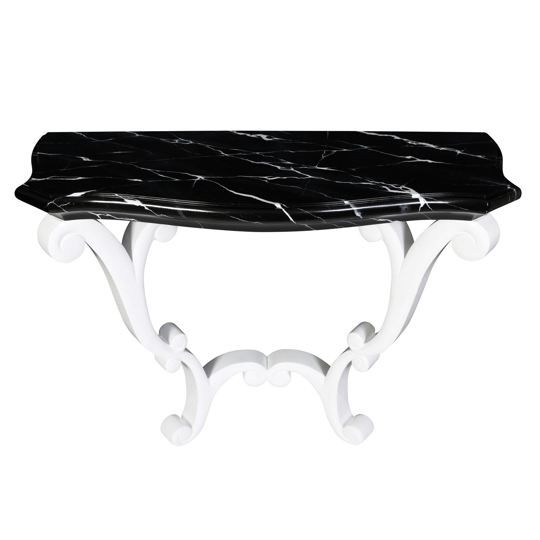 A pair of painted faux marble top, wall mount console tables with shaped tops and scrolled white painted bases.