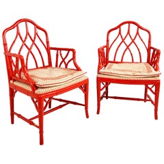 Pair of Vintage Faux Orange Bamboo Armchairs