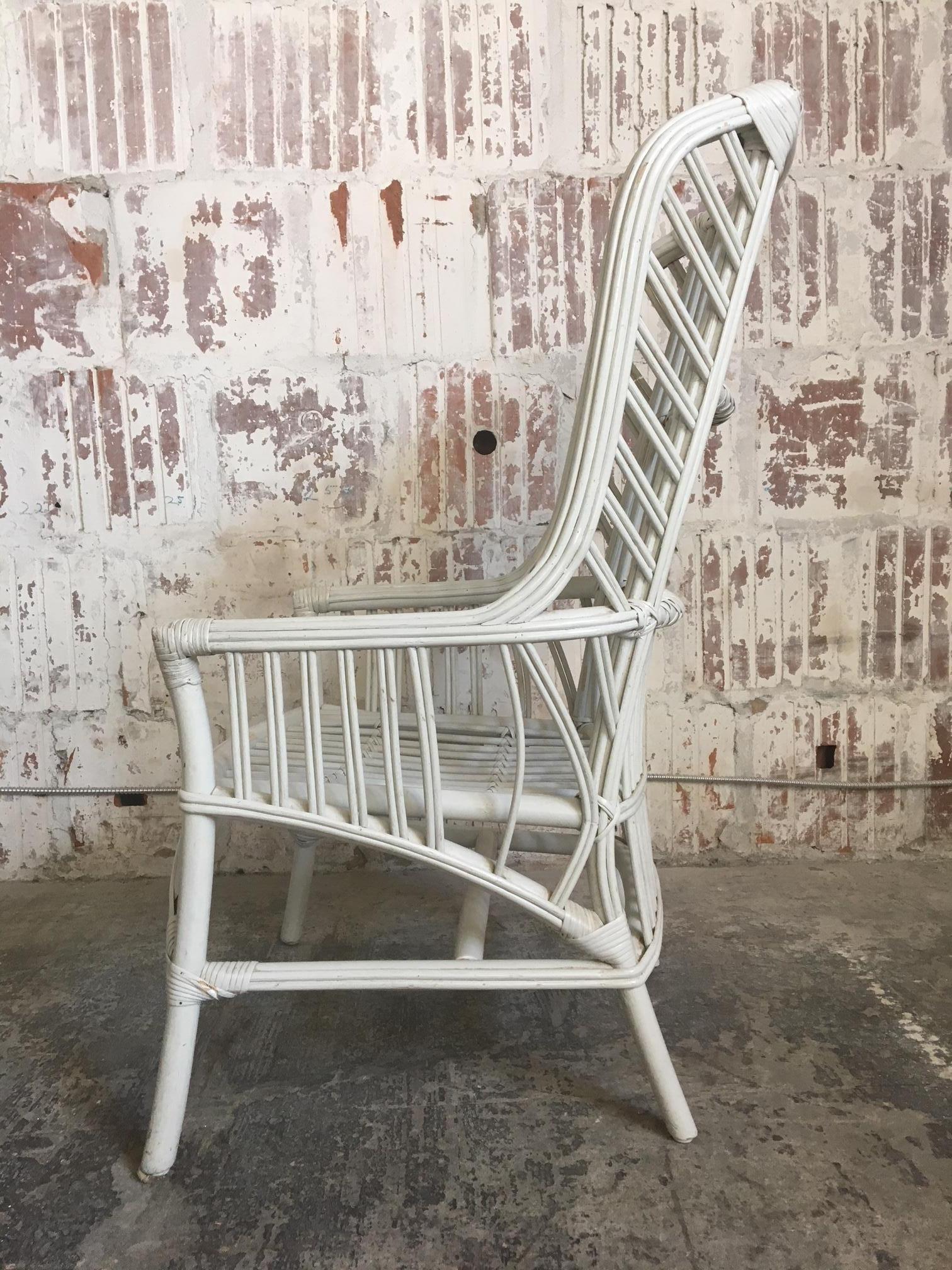 Hollywood Regency Pair of Vintage Ficks Reed Rattan High Back Chairs For Sale