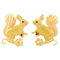 Pair of Vintage Fifties 18k Gold Squirrel Brooches