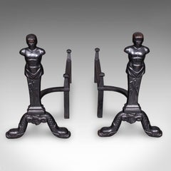 Pair of Vintage Figural Andirons, English, Fire Dog, Fireplace Rests, Art Deco