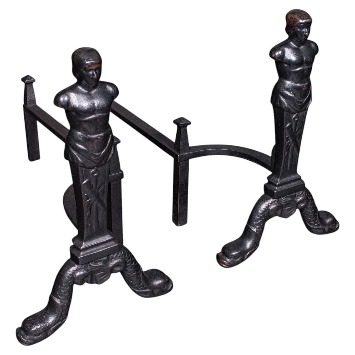 Paar Vintage Figural Andirons, Englisch, Feuer Hund, Kaminstützen, Art Deco im Angebot