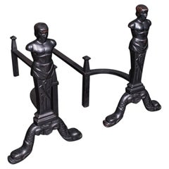 Pair of Vintage Figural Andirons, English, Fire Dog, Fireplace Rests, Art Deco