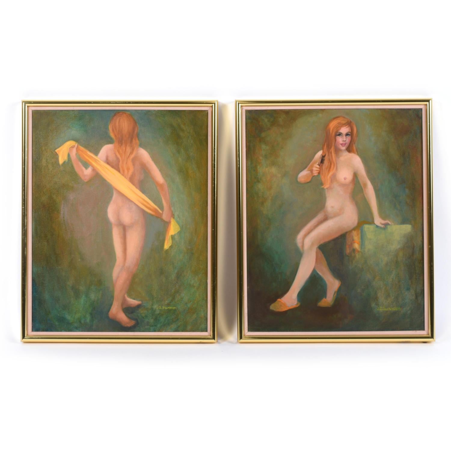 Paar figurale weibliche Aktgemälde im Vintage-Stil in Grün und Gold mit Grün und Gold von J.Z Swanson im Angebot 3