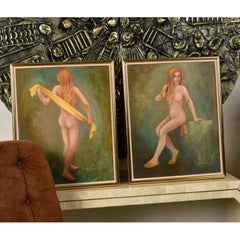 Pair of Vintage Figural Female Nude Green and Gold Paintings by J.Z Swanson