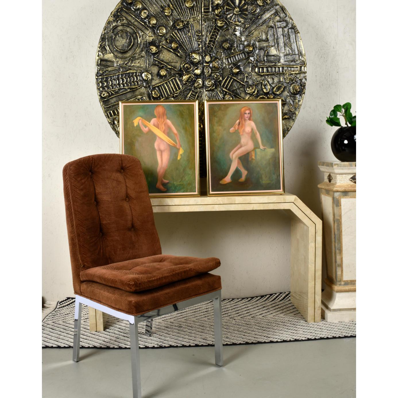 Paar figurale weibliche Aktgemälde im Vintage-Stil in Grün und Gold mit Grün und Gold von J.Z Swanson (Moderne der Mitte des Jahrhunderts) im Angebot