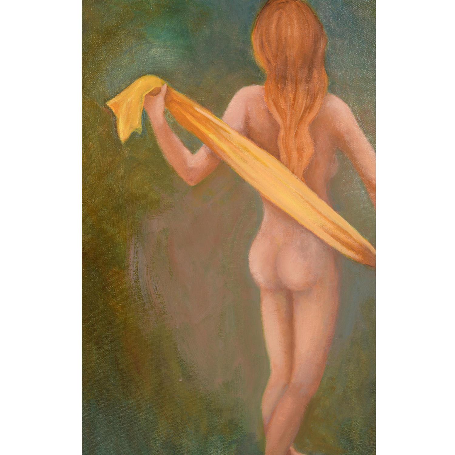 Paar figurale weibliche Aktgemälde im Vintage-Stil in Grün und Gold mit Grün und Gold von J.Z Swanson (Ende des 20. Jahrhunderts) im Angebot