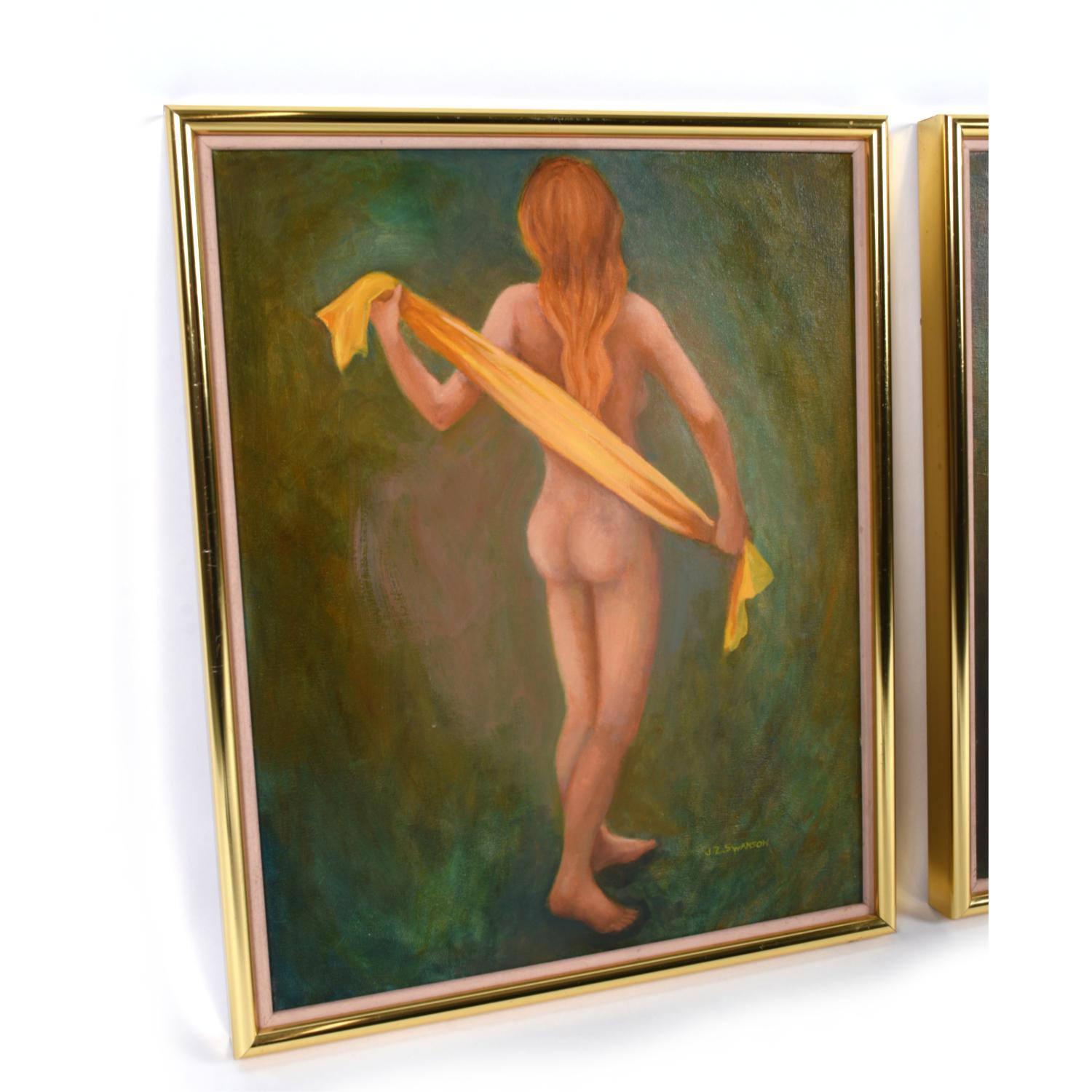 Paar figurale weibliche Aktgemälde im Vintage-Stil in Grün und Gold mit Grün und Gold von J.Z Swanson (Leinwand) im Angebot