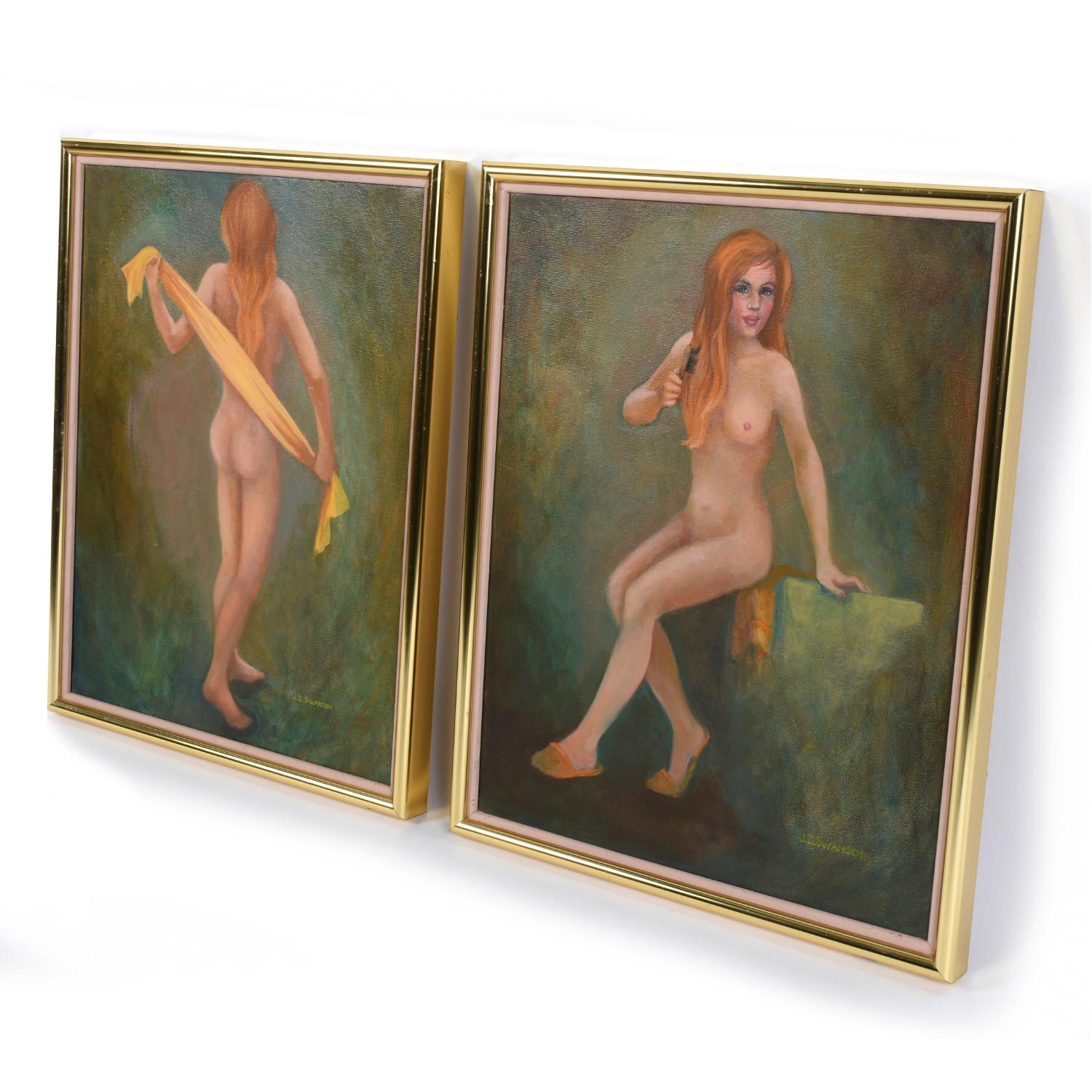 Paar figurale weibliche Aktgemälde im Vintage-Stil in Grün und Gold mit Grün und Gold von J.Z Swanson im Angebot 2