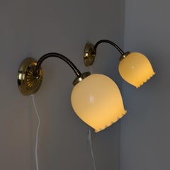 Pair of Vintage Finnish Design Scones, Brass & Glass Flower Bud Shades, 1970s