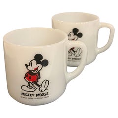 Pair of Vintage Fire-King Mickey Mouse Milk Glass Coffee Mugs