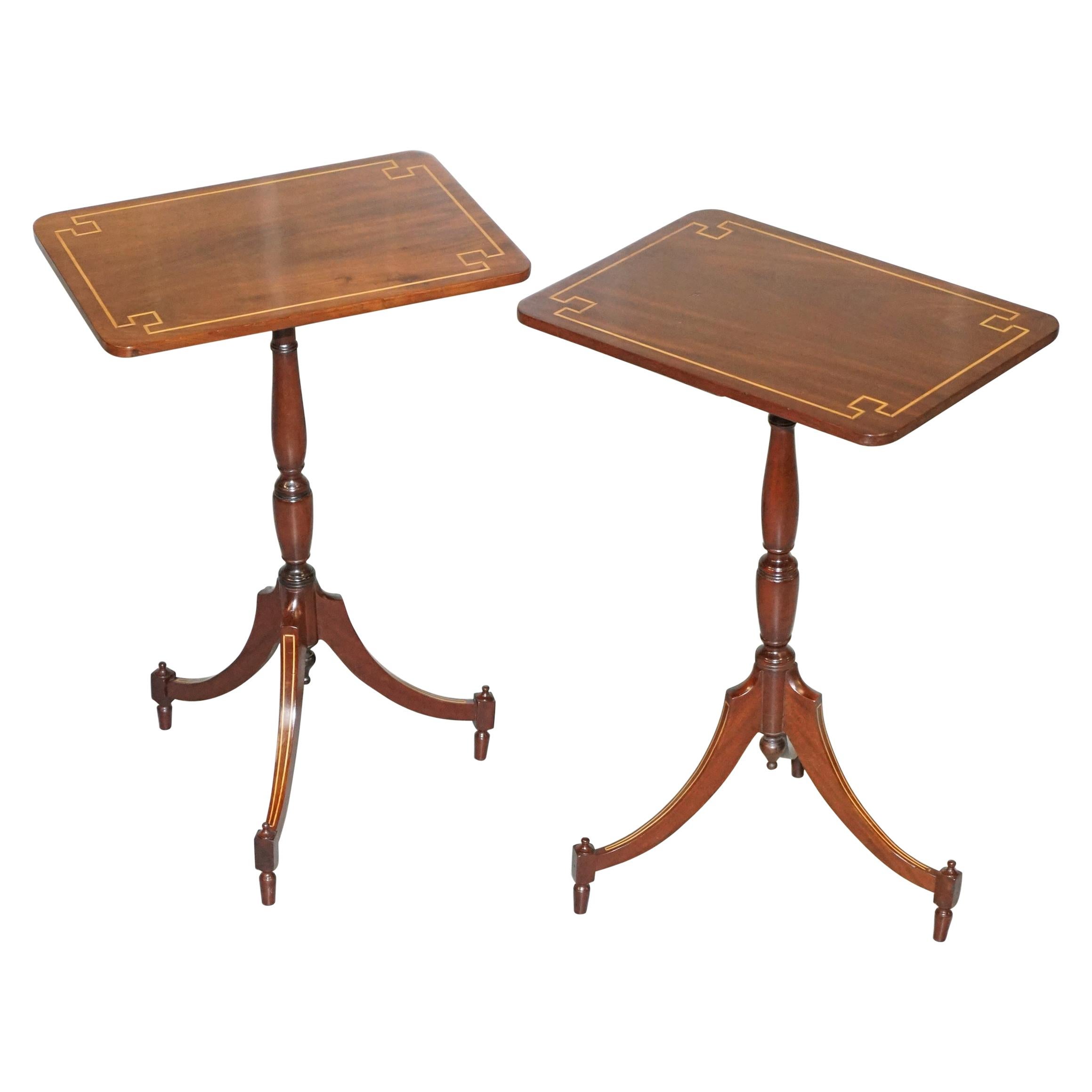 Pair of Vintage Flamed Walnut & Inlaid Regency Style Tripod Side End Lamp Tables For Sale