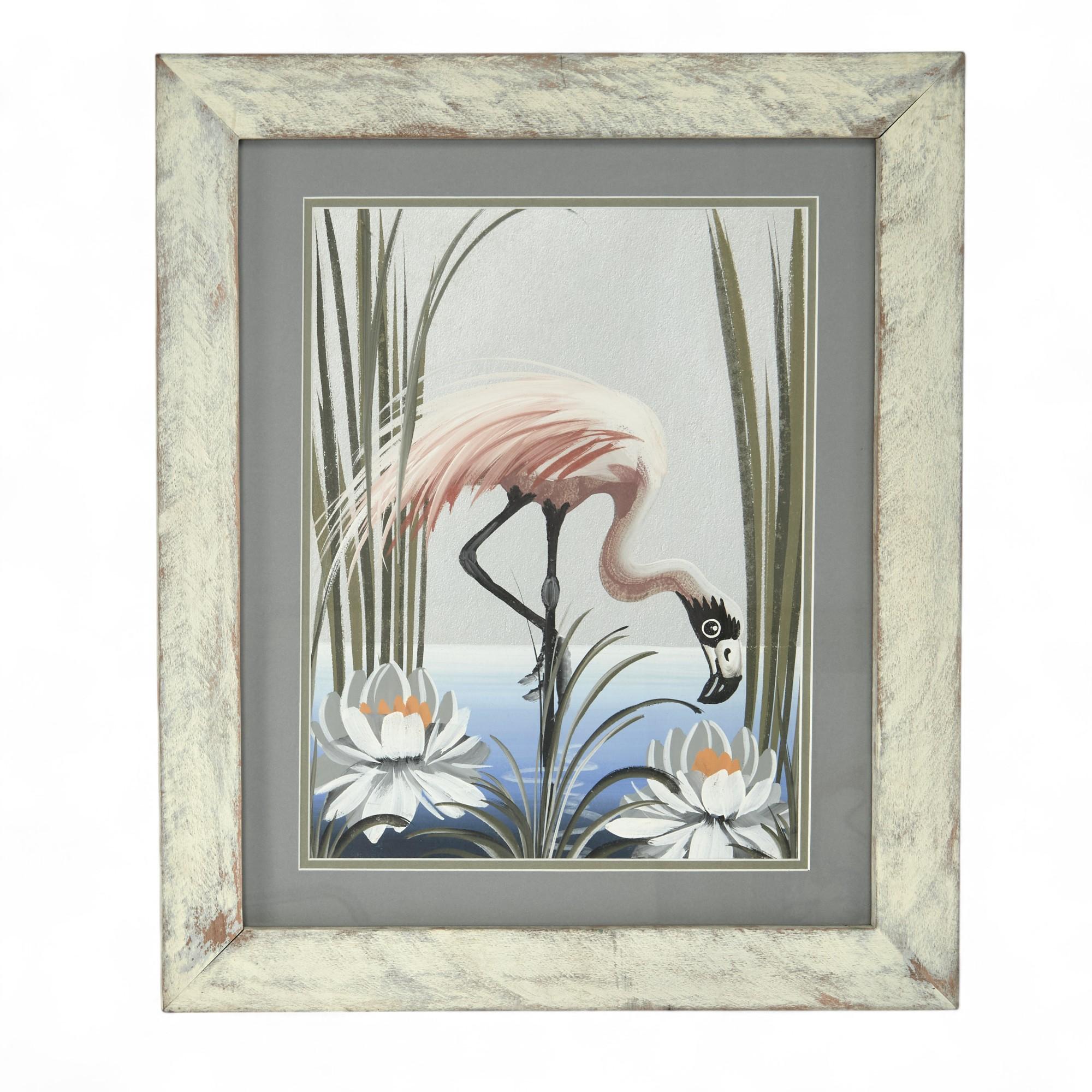 Schickes tropisches Paar Gouache-Gemälde aus der Mitte des Jahrhunderts auf versilbertem Papier von Flamingos in einem Seerosenteich mit ihren ikonischen rosa Federn und der einbeinigen Haltung. Sie werden unter Glas in weiß gewaschenen Rahmen