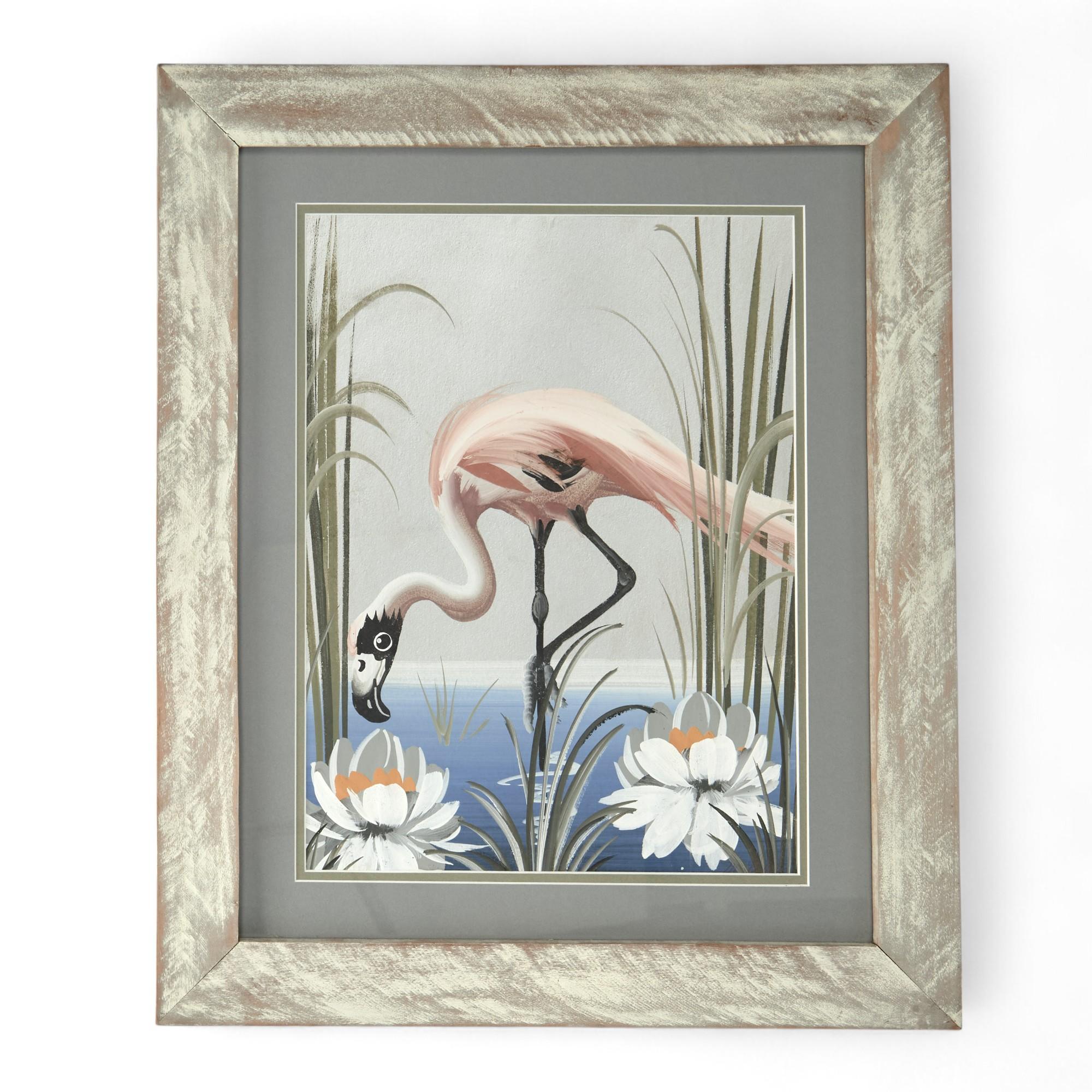 Paar Flamingo-Gemälde im Vintage-Stil (Farbe) im Angebot