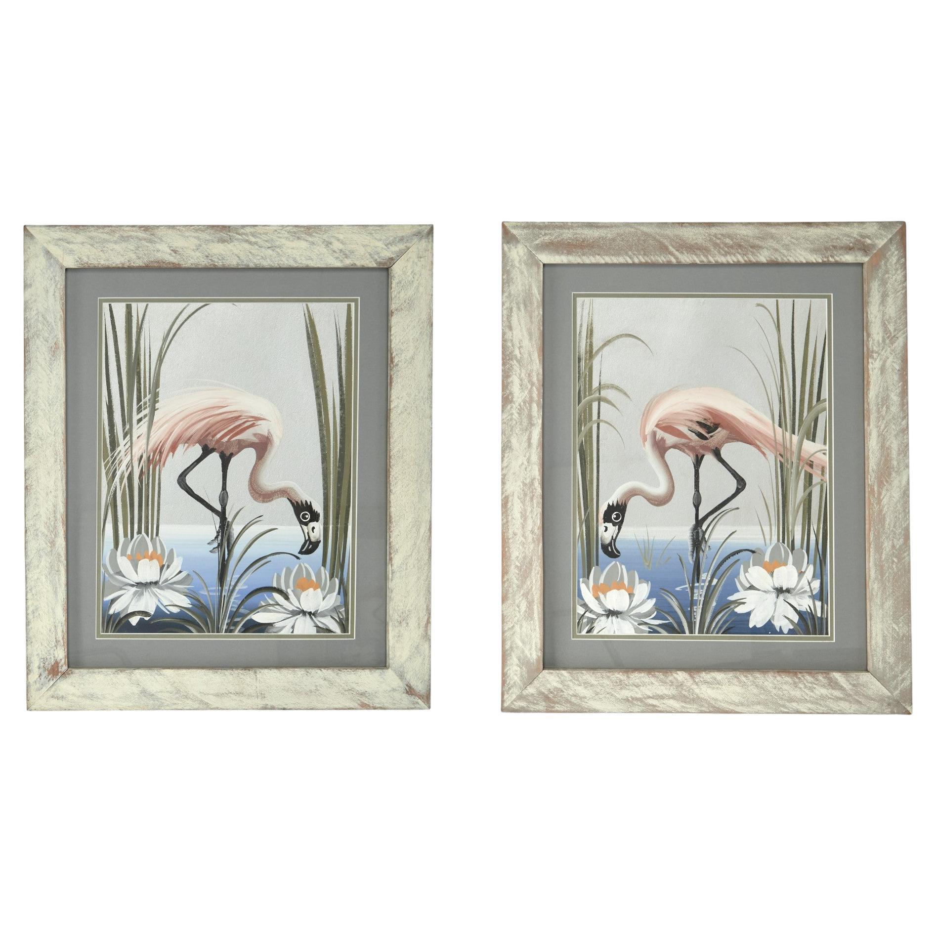Pair of Vintage Flamingo Paintings