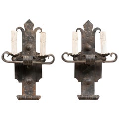Pair of Vintage Fleur-de-Lis Two-Light Iron Sconces from France