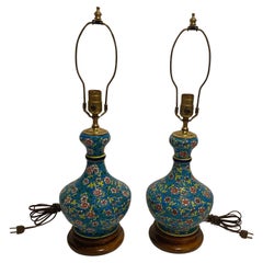 Pair of Vintage Floral Decorated Glazed Vase Table Lamps w/ Turned Mahogany Base