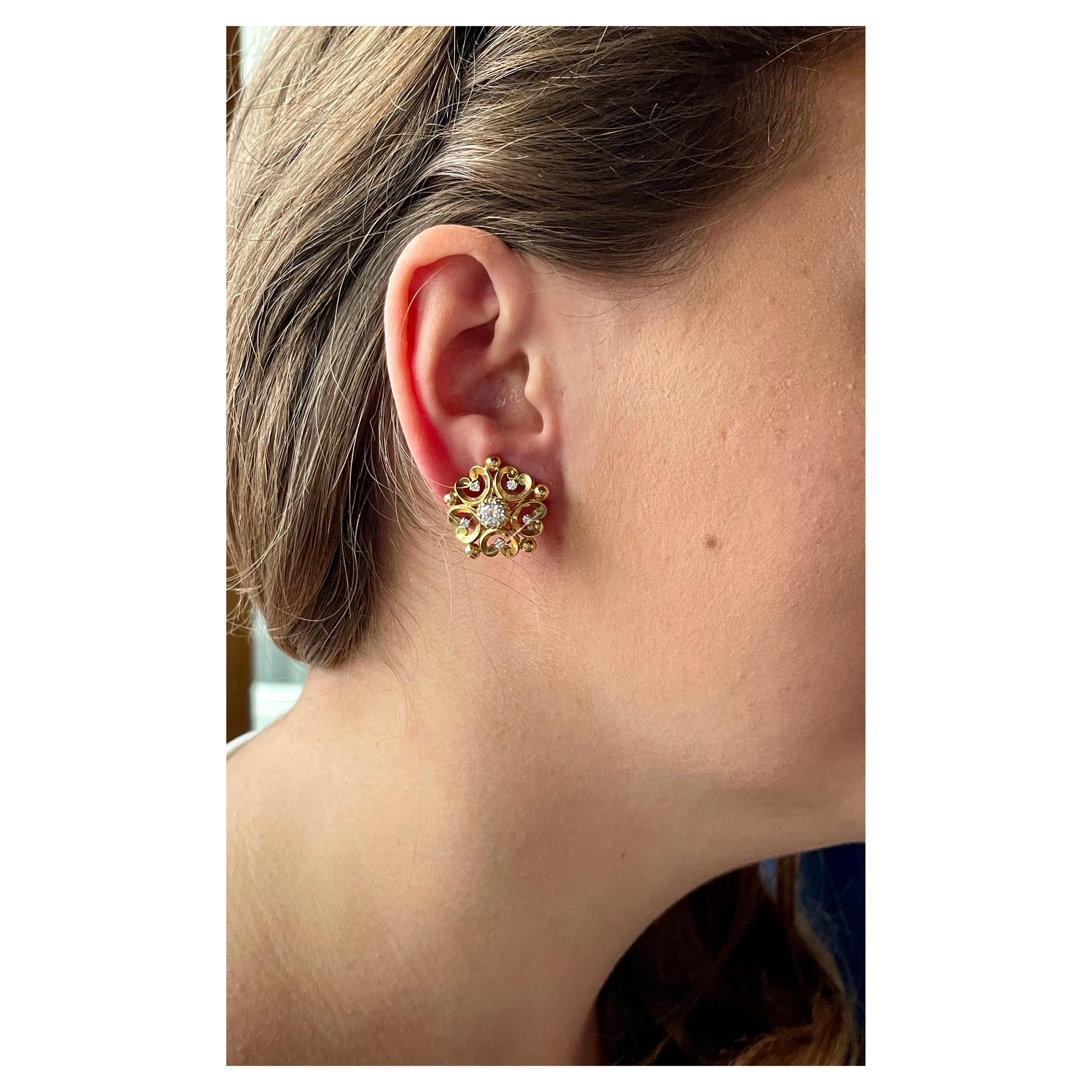 Par de Pendientes de Diamantes Florales Vintage Firmados Gübelin Lucerna en venta