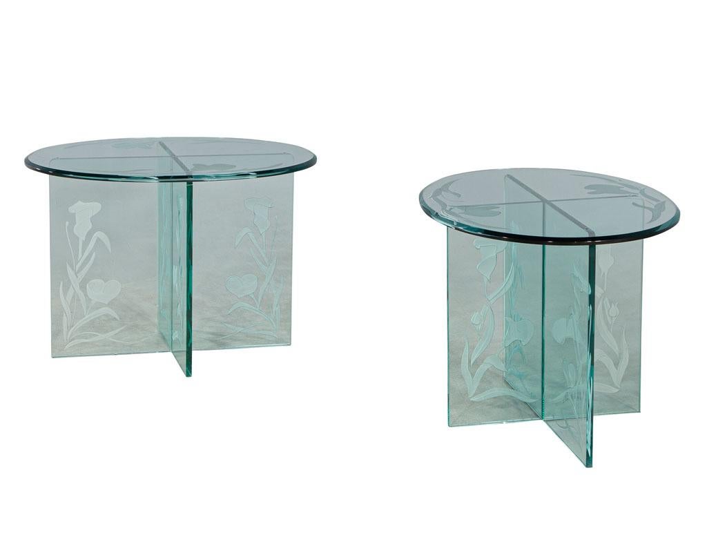 Mid-Century Modern Pair of Vintage Floral Etched Glass Oval End Tables
