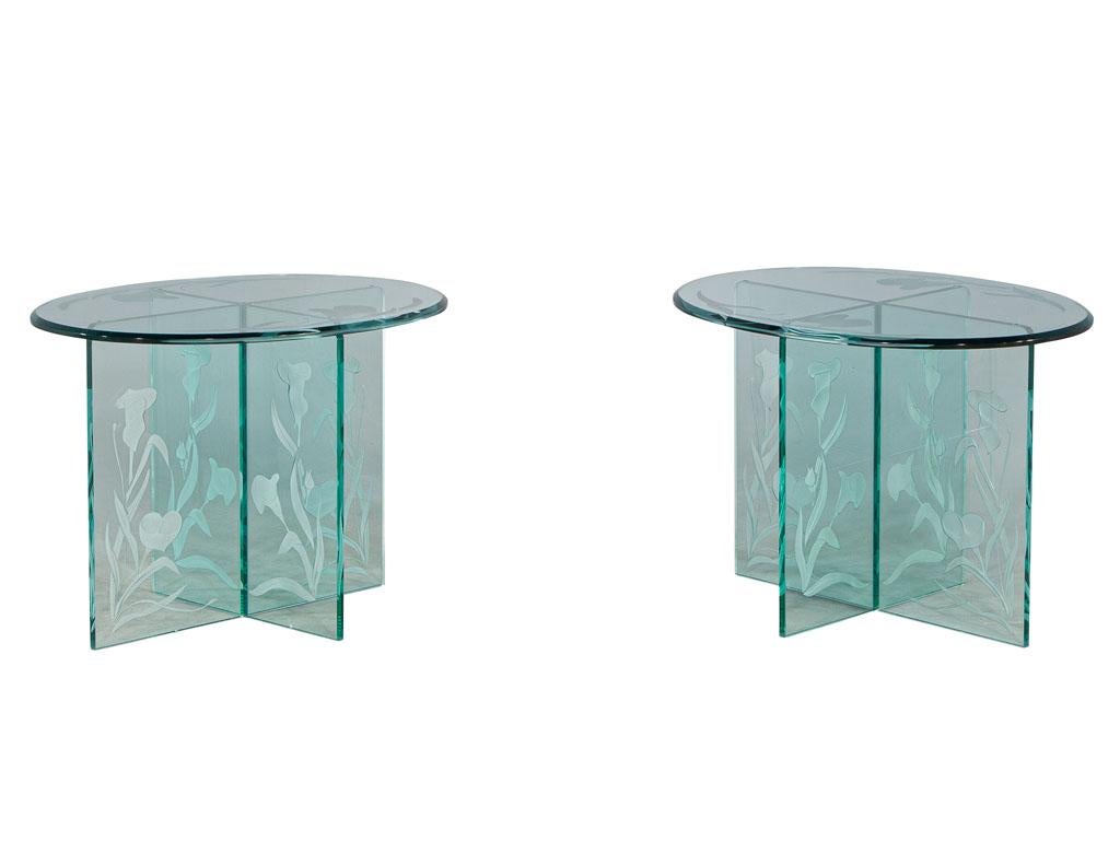 American Pair of Vintage Floral Etched Glass Oval End Tables