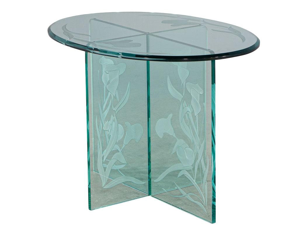 Late 20th Century Pair of Vintage Floral Etched Glass Oval End Tables