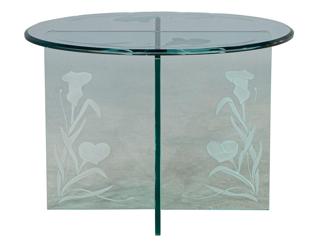 Pair of Vintage Floral Etched Glass Oval End Tables 1