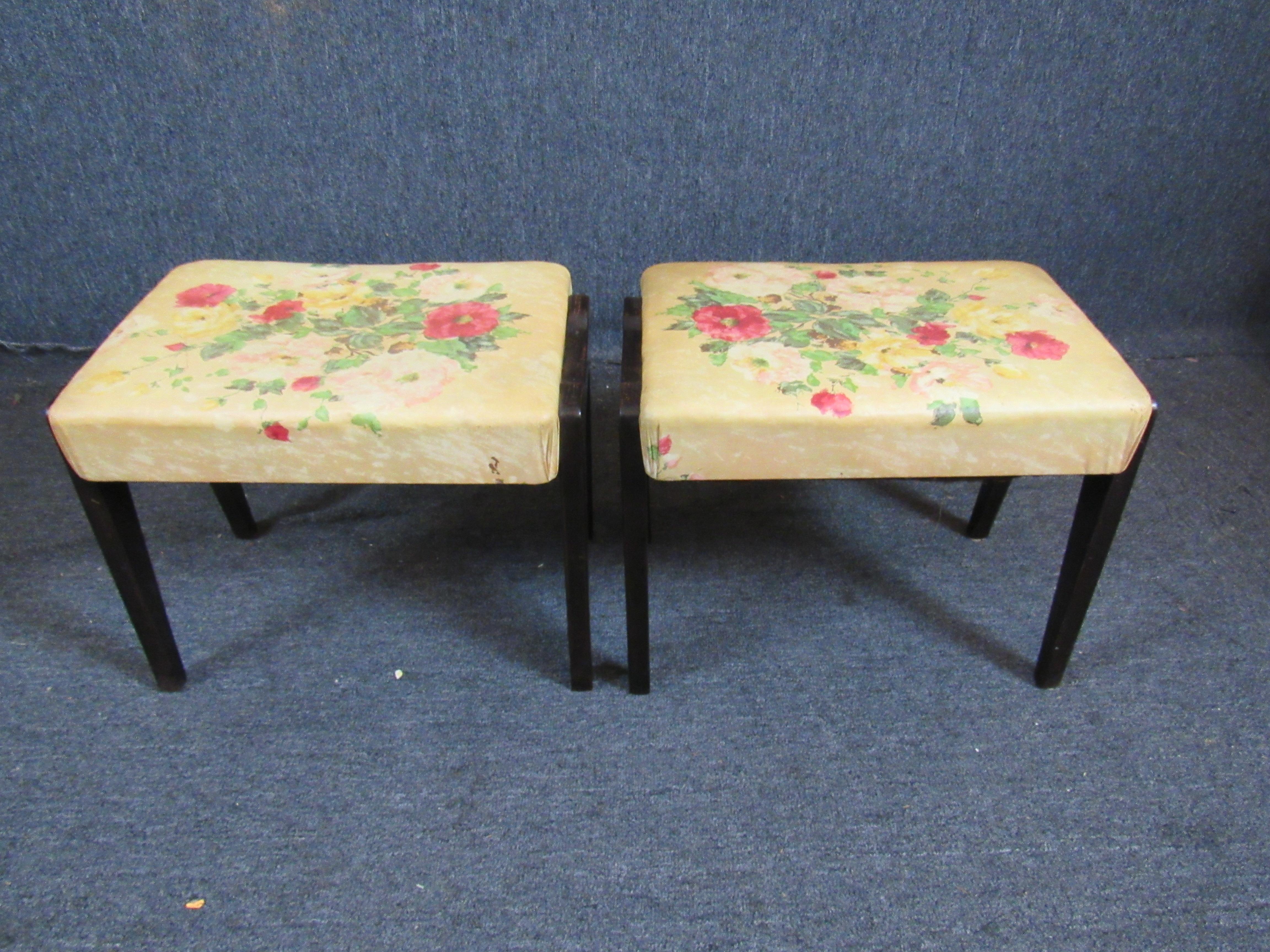 Mid-Century Modern Pair of Vintage Floral Ottomans For Sale