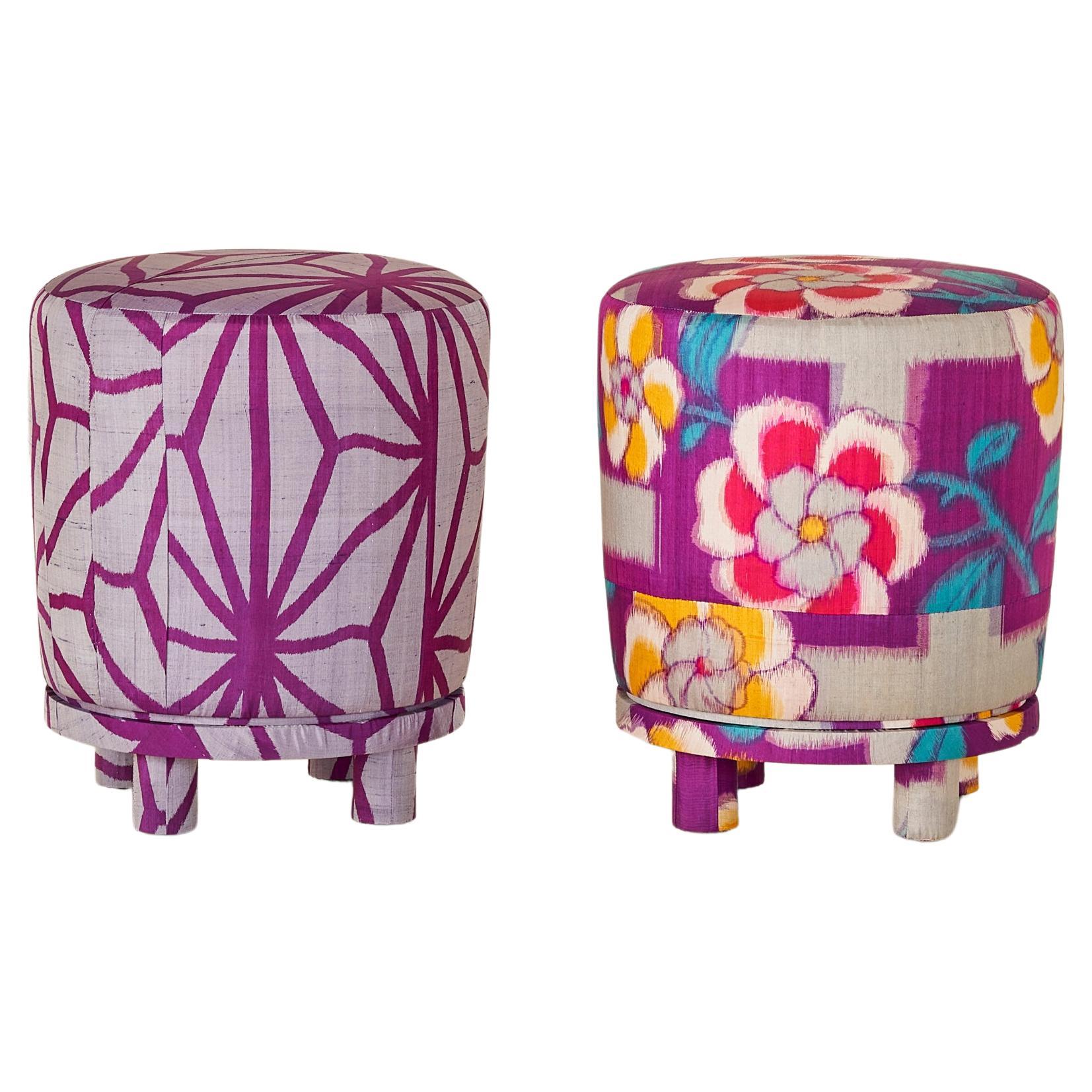 Pair of Vintage Floral Silk Kimono Ottomans by West Haddon Hall