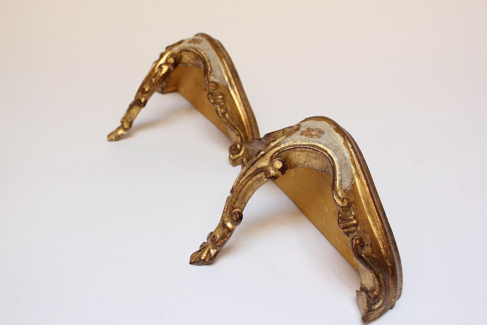 Italian Pair of Vintage Florentine Giltwood Wall Brackets/Shelves with Rocaille Flourish For Sale