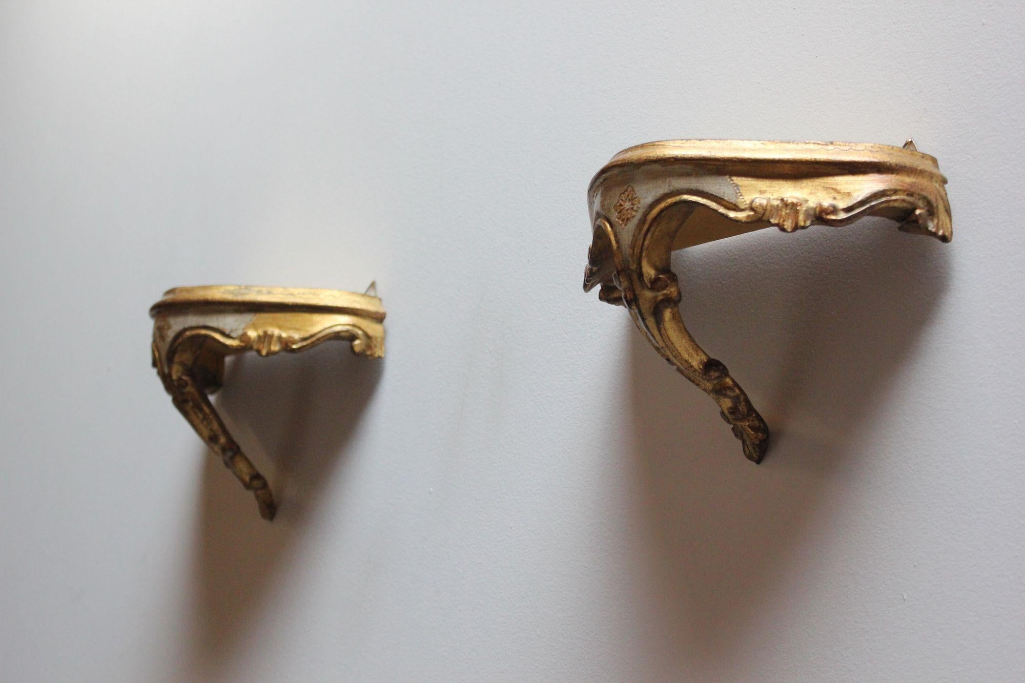 Mid-20th Century Pair of Vintage Florentine Giltwood Wall Brackets/Shelves with Rocaille Flourish For Sale