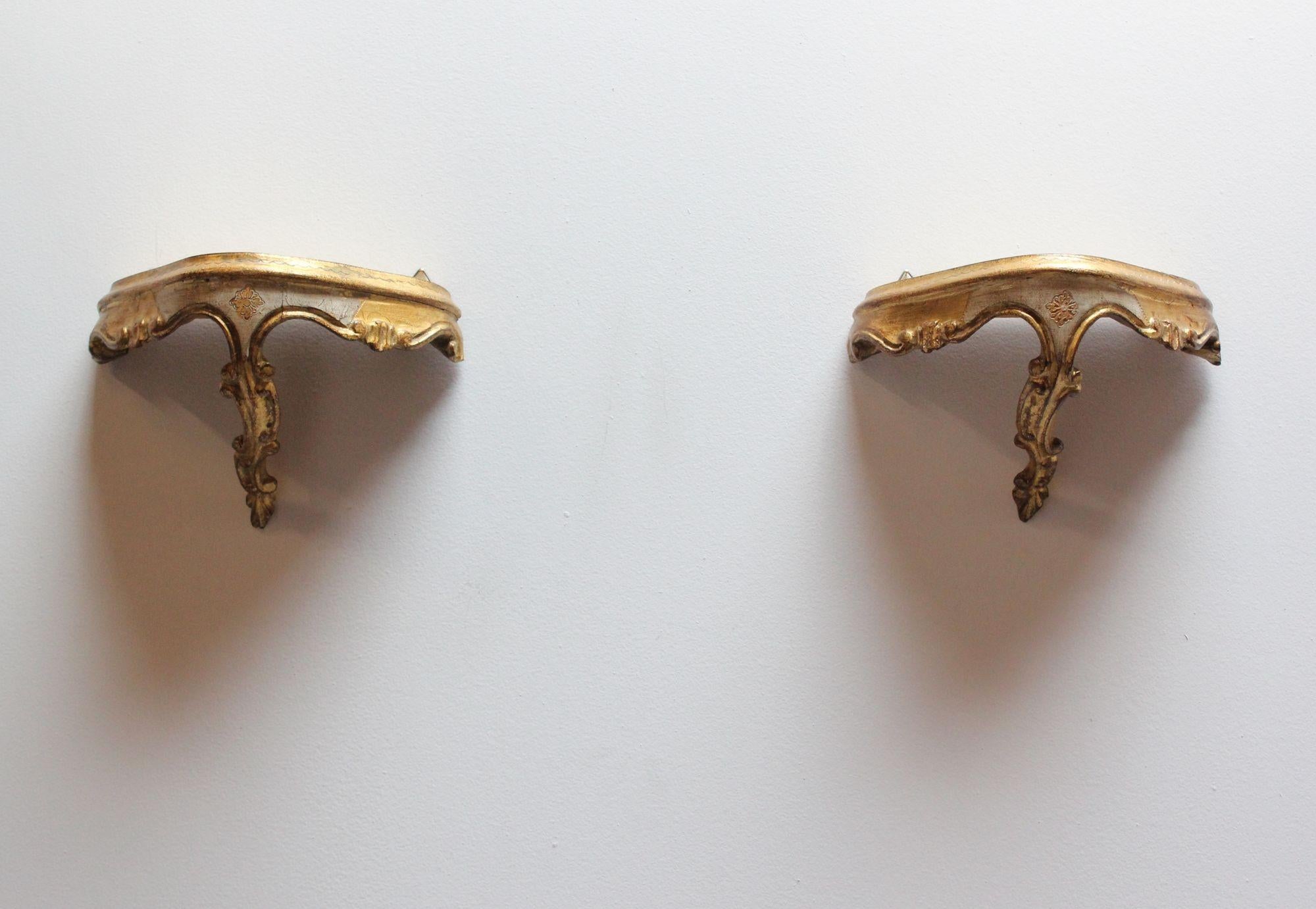 Mid-20th Century Pair of Vintage Florentine Giltwood Wall Brackets/Shelves with Rocaille Flourish For Sale