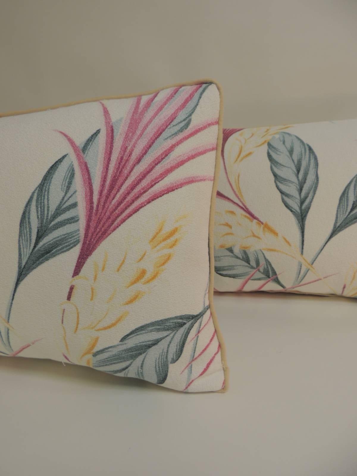 Pair of Vintage Florida barkcloth decorative Lumbar pillows with soft yellow linen welt and backings. 
In shades of pink, fuchsia, yellow, green and natural. Decorative pillows handcrafted and designed in the USA. 
Custom-made pillow inserts. Hand