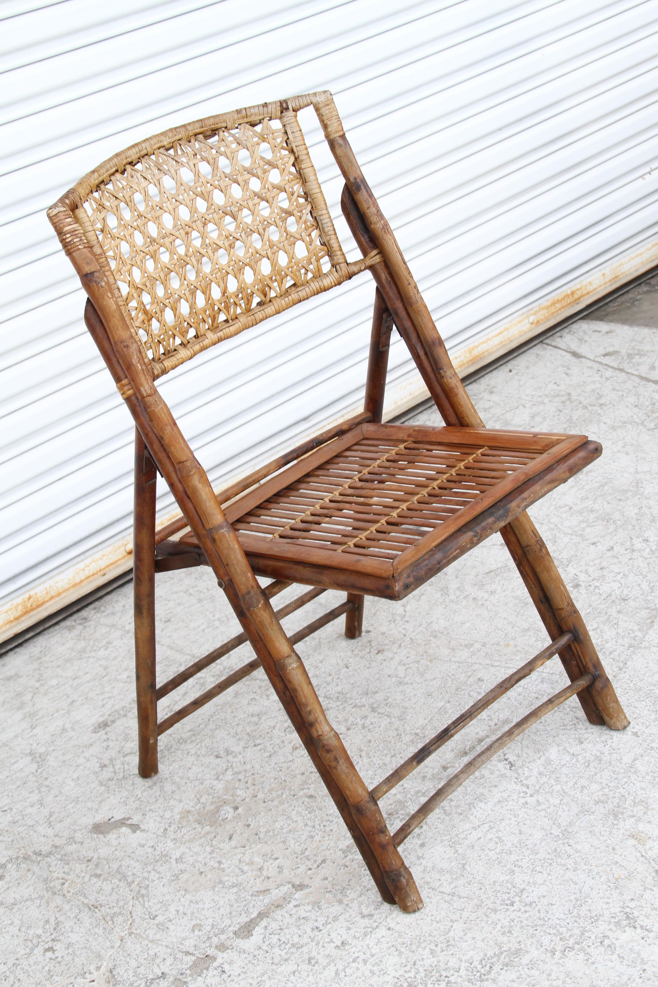 Campaign Pair of Vintage Folding Bamboo Chairs For Sale