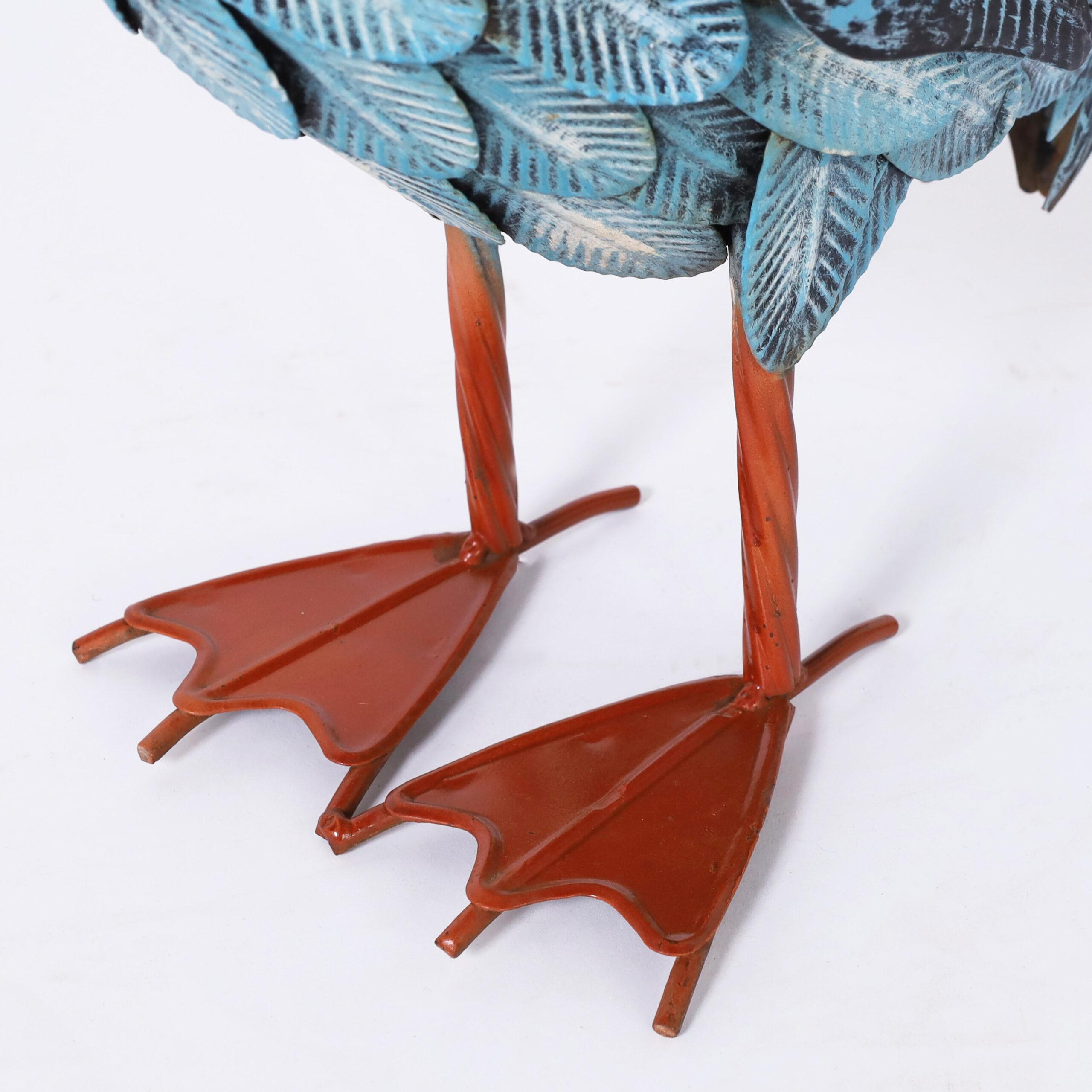 Hand-Crafted Pair of Vintage Folk Art Painted Metal Pelican Sculptures For Sale