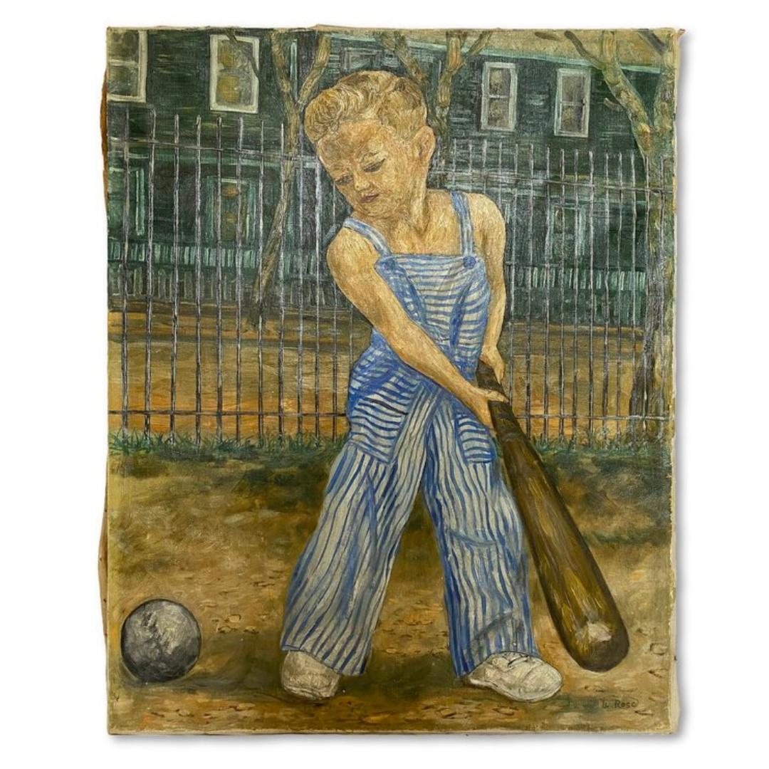 Original vintage American folk art paintings. Oil on canvas, featuring detailed texture and expressive brushstrokes, depicts a young boy playing baseball and a young girl on a swing. The canvases are on their original stretchers with exposed tacks.