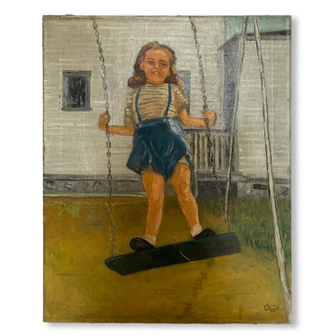 American Pair of Vintage Folk Art Paintings of Children Playing For Sale