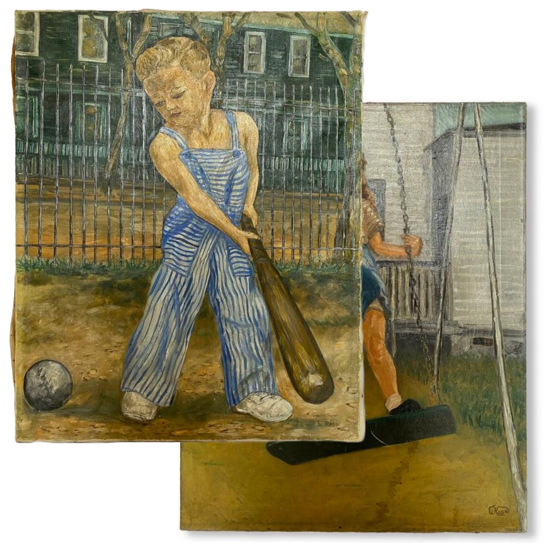 Hand-Painted Pair of Vintage Folk Art Paintings of Children Playing For Sale