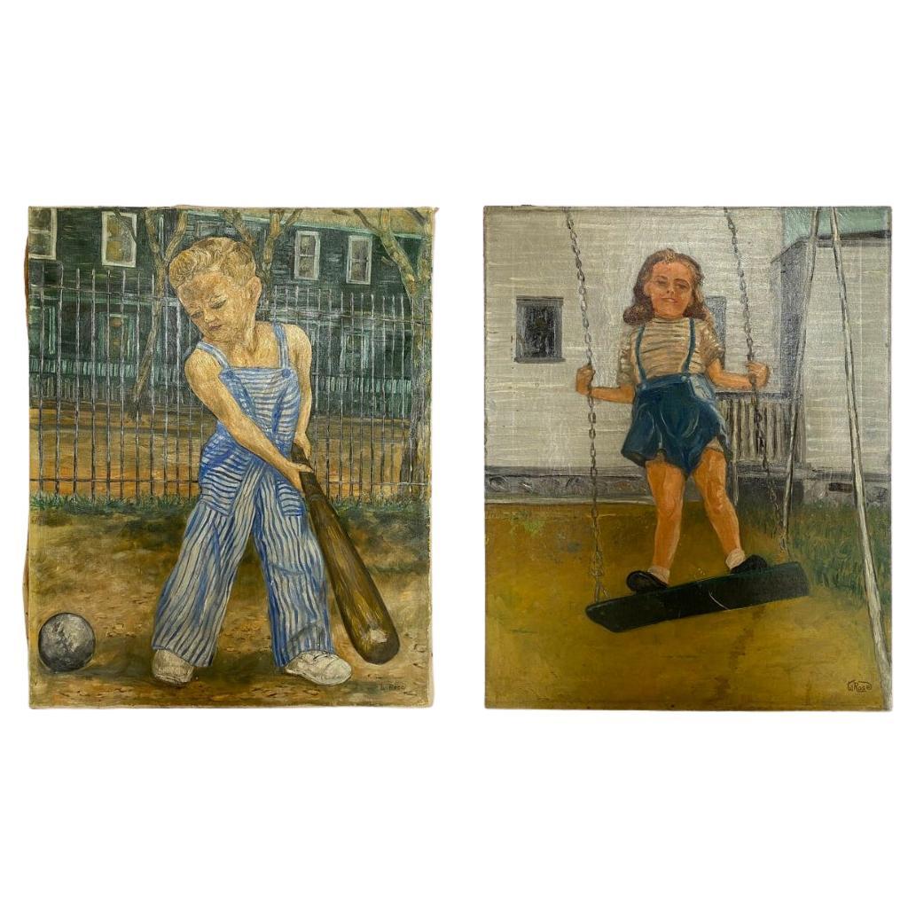 Pair of Vintage Folk Art Paintings of Children Playing For Sale