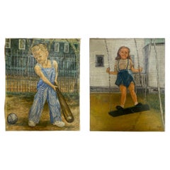 Pair of Vintage Folk Art Paintings of Children Playing