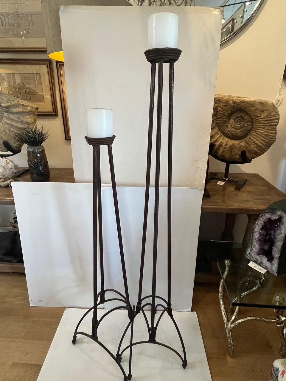 Pair of Vintage Forged Iron Floor Candleholders For Sale 6