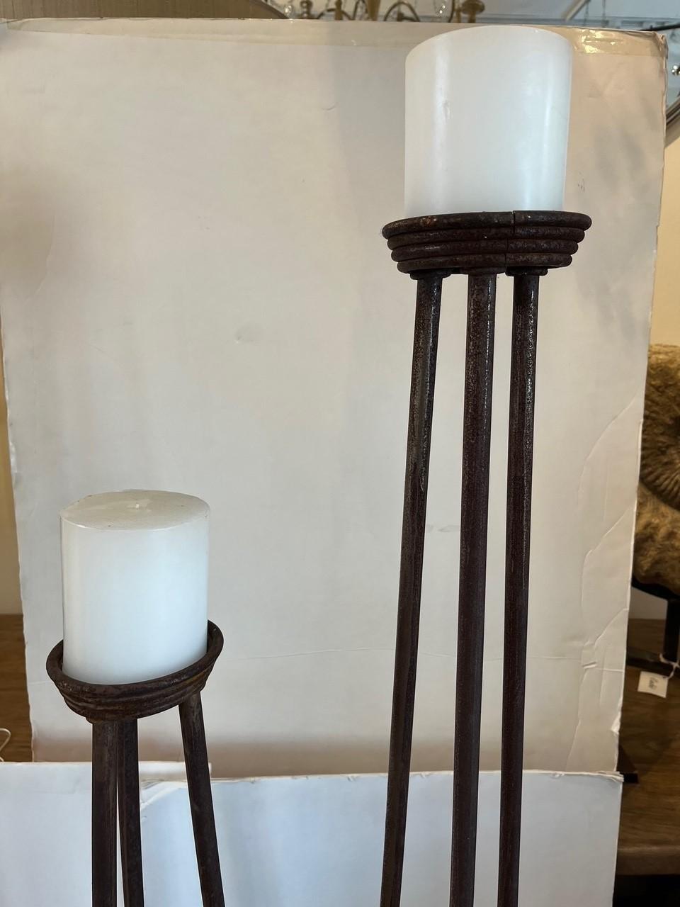 Pair of Vintage Forged Iron Floor Candleholders For Sale 3