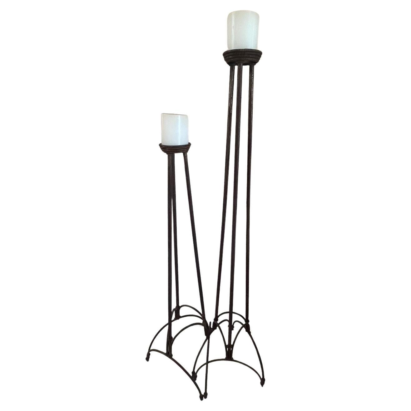 Pair of Vintage Forged Iron Floor Candleholders For Sale