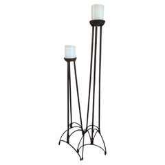 Pair of Antique Forged Iron Floor Candleholders