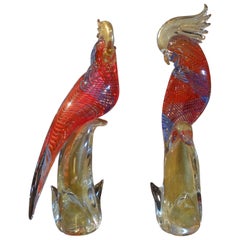Pair of Vintage Formia Murano Glass Parrots or Cockatoos