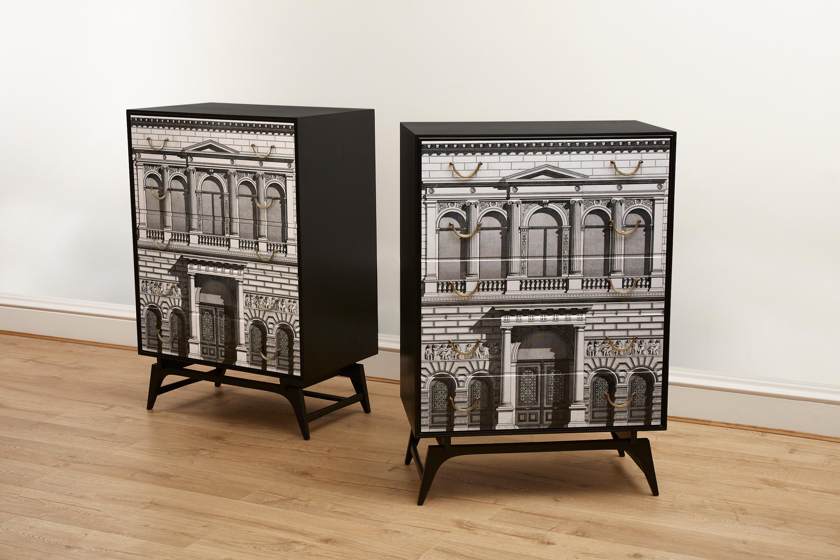 British Pair of vintage fornasetti inspired chest of drawers