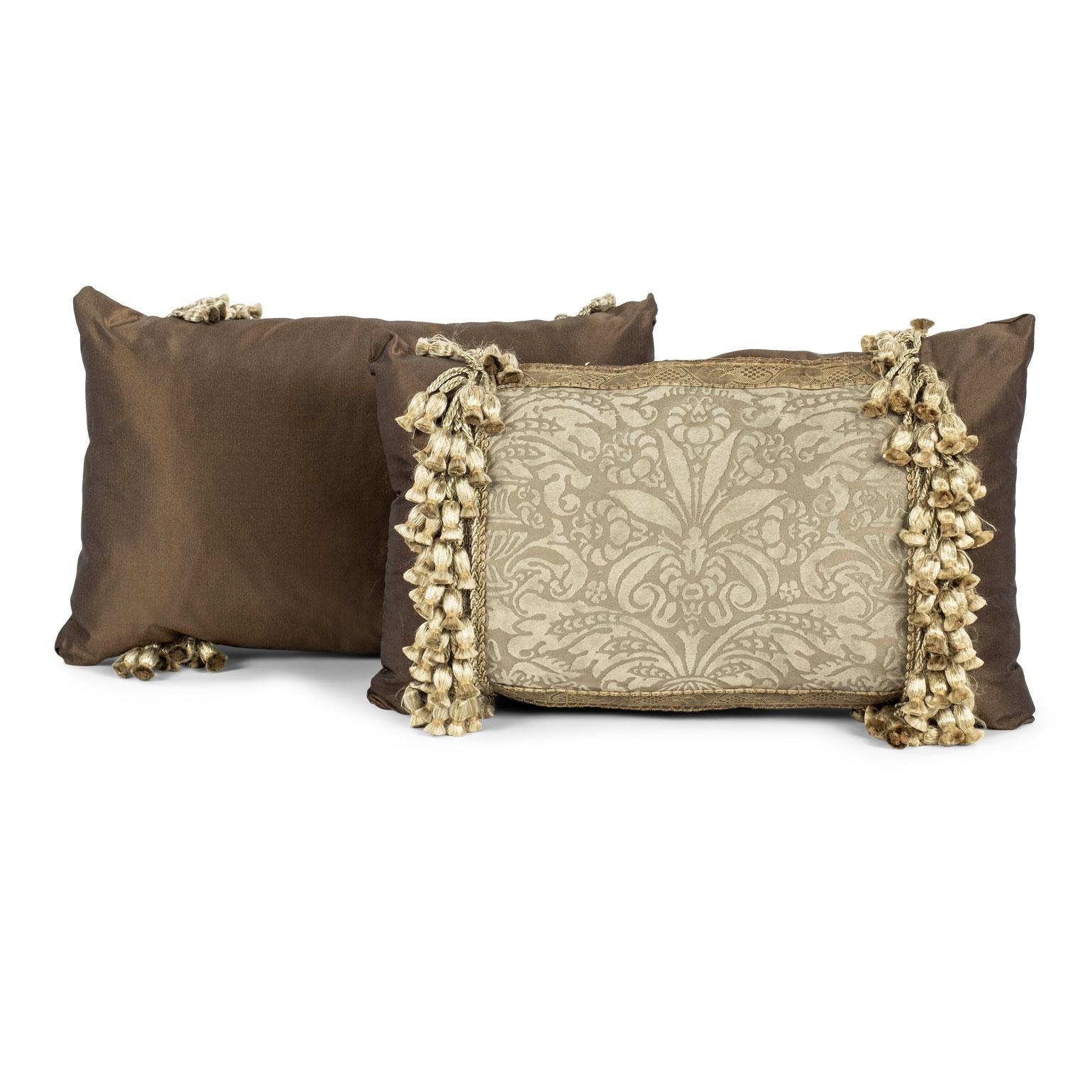 Pair of vintage Fortuny cushions in taupe and brown. Trimmed in silk tassels. Sold together and priced $985 for the pair.