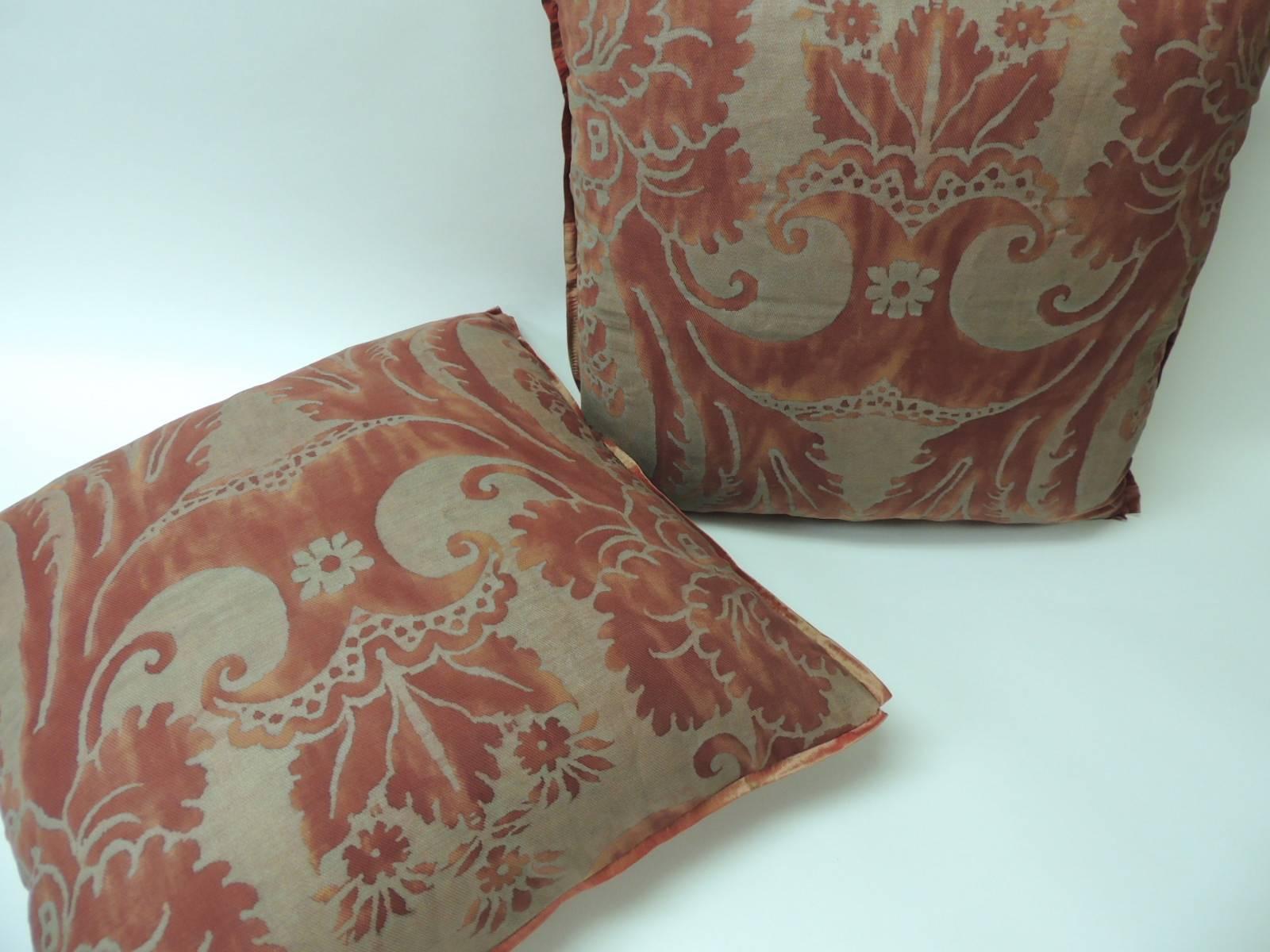 Regency Pair of Vintage Fortuny “Glicine” Pattern Red and Silvery Decorative Pillows