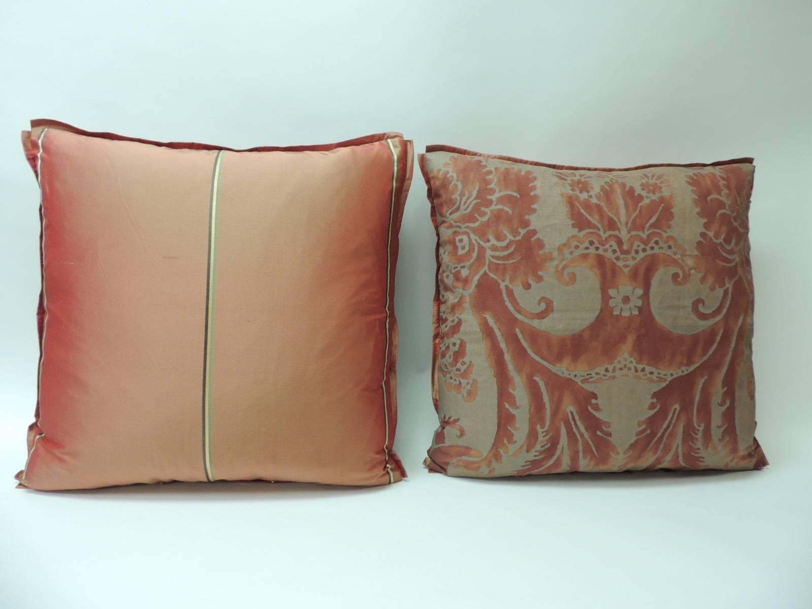 Italian Pair of Vintage Fortuny “Glicine” Pattern Red and Silvery Decorative Pillows